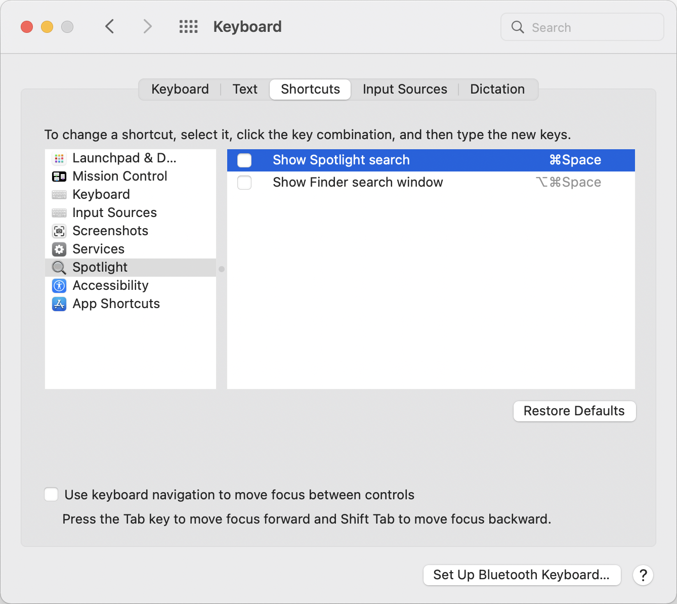 Spotlight shortcut settings