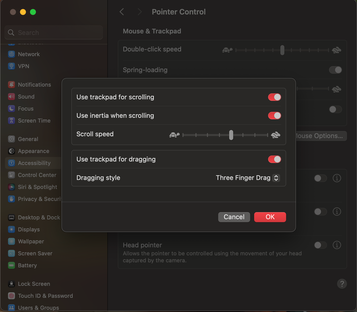 Three finger drag setting