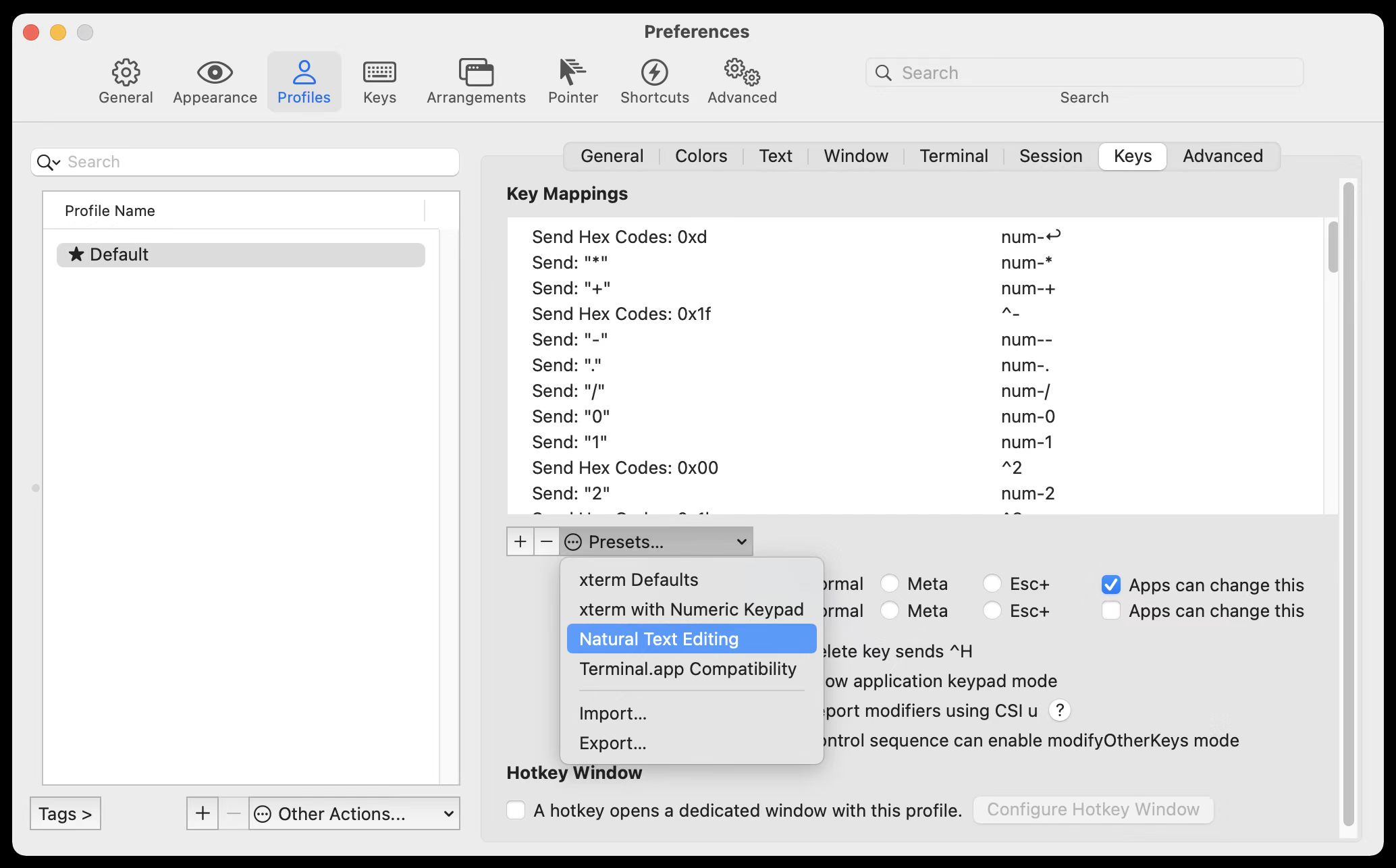 Natural text editing key mappings